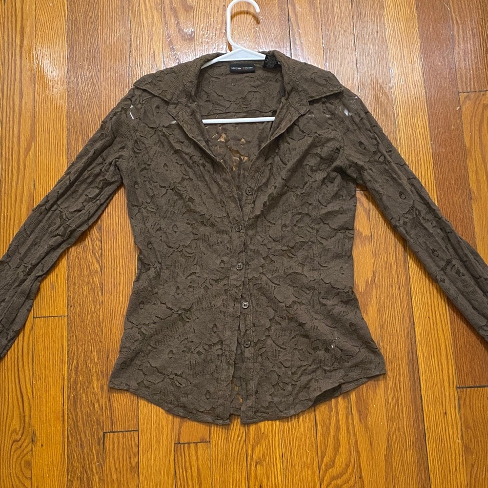 New York & Company Brown Lace Button-Down Shirt